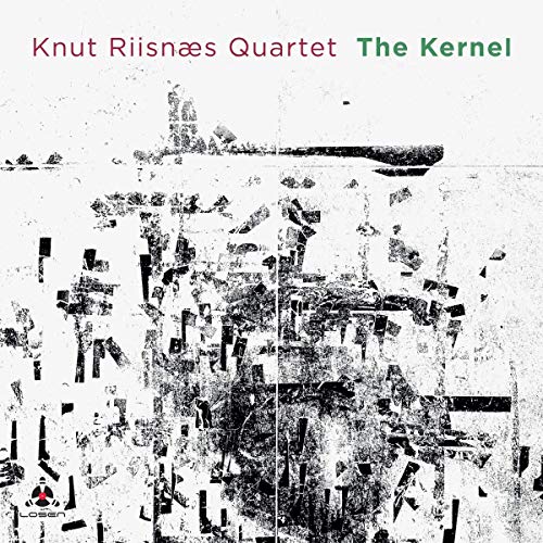 "Album cover with abstract black and white design, red and green text on white background."