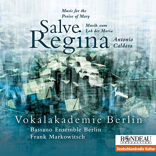 A CD cover with blue-toned choir image and text "Salve Regina" in large font.