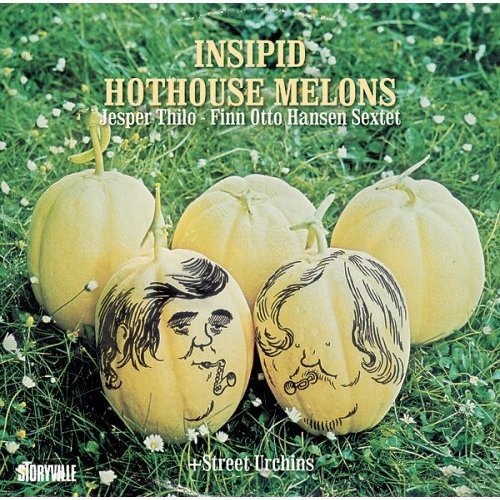 "Album cover featuring five melons with drawn faces on a grassy background."