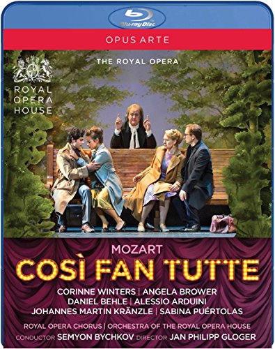 Blue-ray disc cover featuring a scene from Mozart's "Cosi Fan Tutte" with five people.