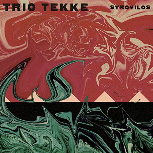 The vinyl album cover features an abstract marbled design in red and green hues.