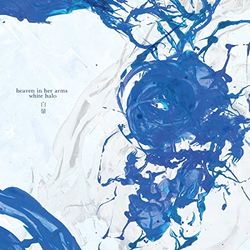 "Album cover with blue paint splatters and abstract design, featuring text 'heaven in her arms white halo'."