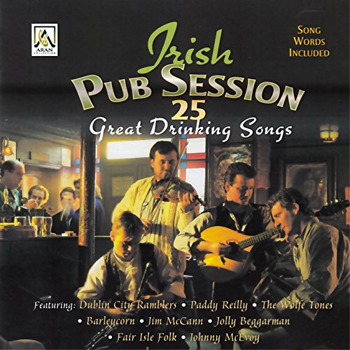 "CD cover featuring musicians playing instruments in a pub, with title 'Irish Pub Session'."