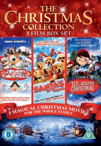 "Red DVD box cover featuring three Christmas movie posters and a snowy village scene."