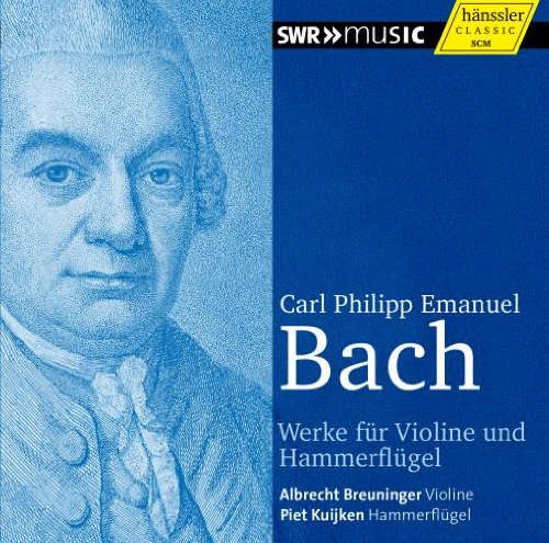 A blue CD cover featuring a sketch of Carl Philipp Emanuel Bach.