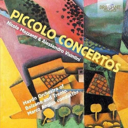 "CD cover with abstract art and yellow title 'Piccolo Concertos' and performer names."