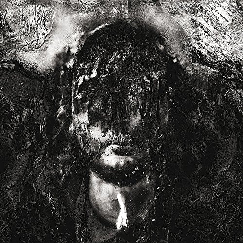 The image depicts a black-and-white abstract portrait of a person with dark hair.