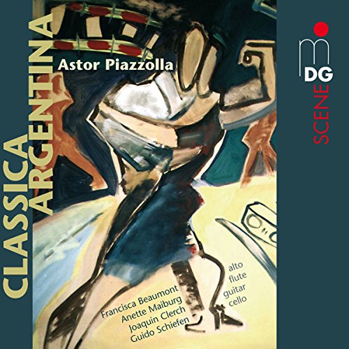 CD cover with abstract painting, text "Classica Argentina" and musician names on dark blue background.