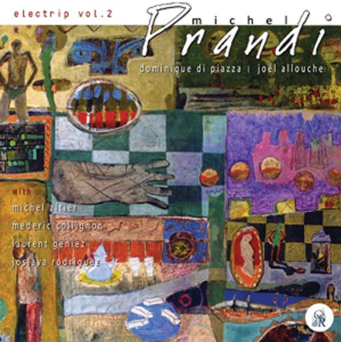 "Album cover with abstract, multicolored artwork and artist names in white text."