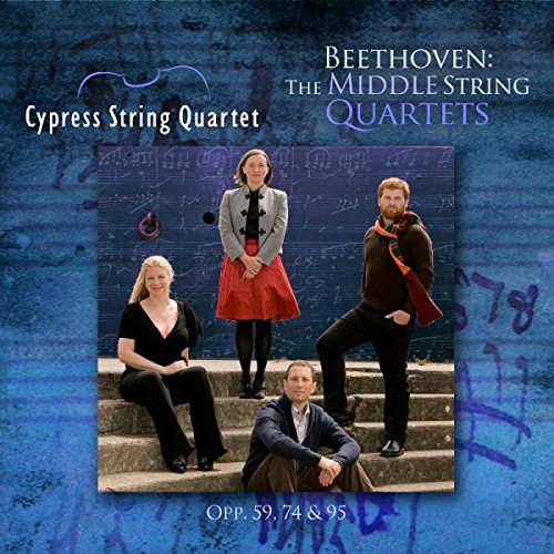 "CD cover featuring Cypress String Quartet members on steps against a blue music sheet background."