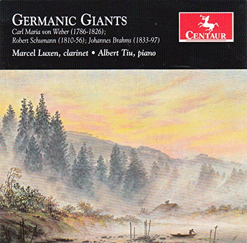 "Album cover with misty landscape painting and red Centaur logo, black background."