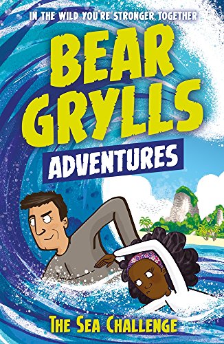 "Book cover featuring cartoon man and child in water, with title 'Bear Grylls Adventures'."