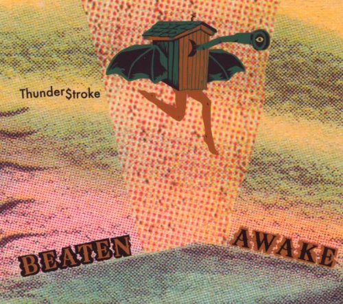 "Album cover art featuring an outhouse with bat wings on a multicolored halftone background."