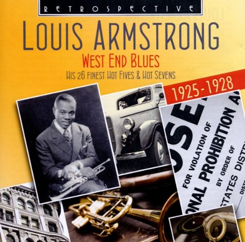 Louis Armstrong CD cover with collage of black-and-white photos and trumpet on yellow background.