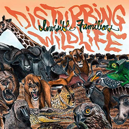 "Album cover art featuring a diverse group of animals with 'Disturbing Wildlife' text."