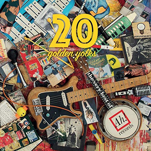 Collage of vinyl records and musical instruments with "20 golden yolks" in yellow text.