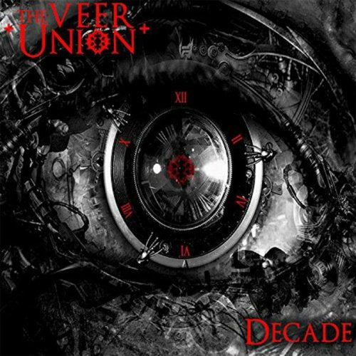 "Album cover with a clock surrounded by machinery, titled 'The Veer Union - Decade'."