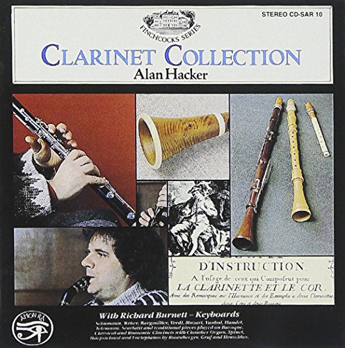 "CD cover with collage of clarinet images and historical illustrations on black background."