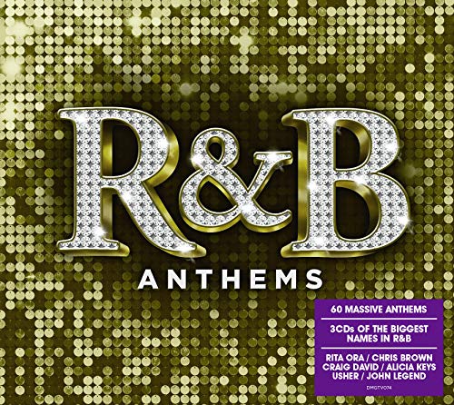 "CD cover with 'R&B ANTHEMS' in gold and white on a gold sequin background."