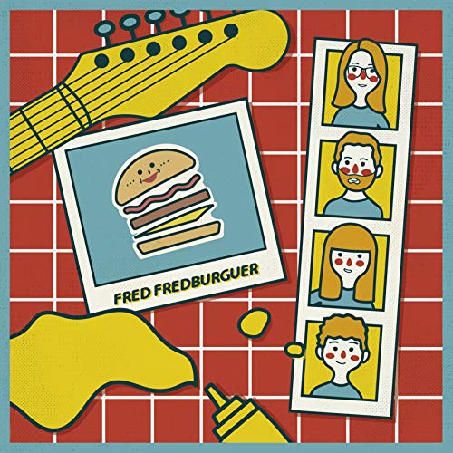 "Album cover with cartoon burger, guitar, and portraits on a red tiled background."