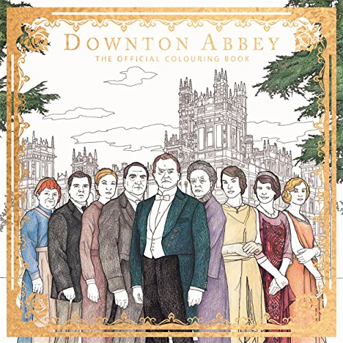 "Downton Abbey colouring book cover featuring characters in formal attire, with ornate gold border."