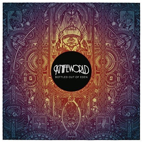 "Vinyl record cover with intricate design, featuring 'Knifeworld' and 'Bottled Out of Eden' text."