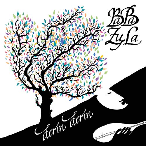 "Album cover with black silhouette of a man playing a stringed instrument and a tree."