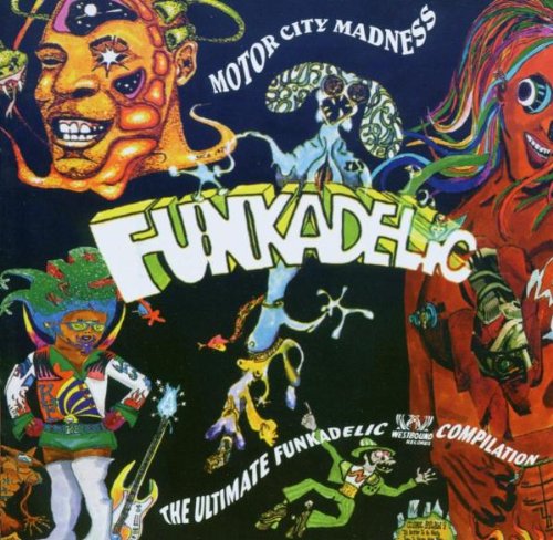 "Funkadelic album cover with psychedelic illustrations and bold white text on a dark background."