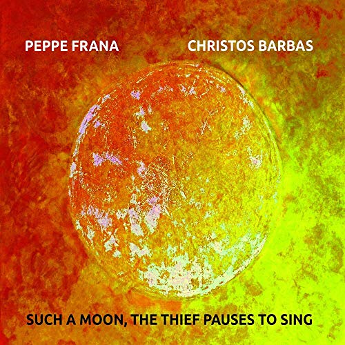 Album cover with a textured, yellow-red background and a large moon image.