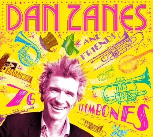"Album cover with Dan Zanes, yellow background, and illustrations of musical instruments."
