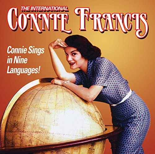 Connie Francis album cover featuring a woman leaning on a globe, orange gradient background.