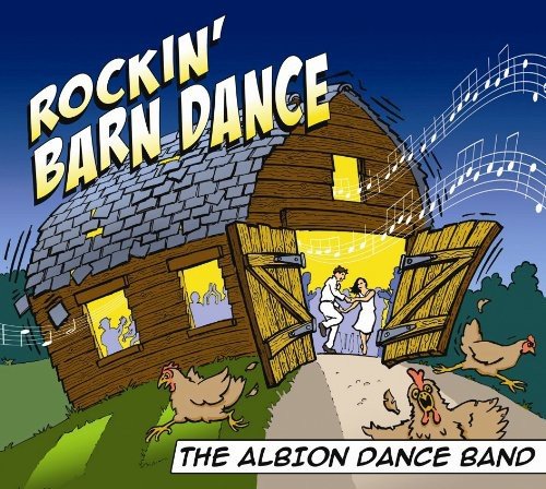 "Album cover: cartoon barn with dancing couple and chickens, titled 'Rockin' Barn Dance'."