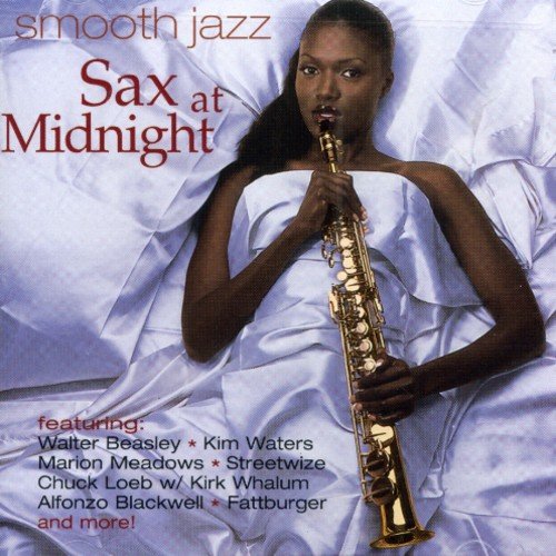 "Smooth Jazz: Sax at Midnight CD cover featuring a woman holding a saxophone."