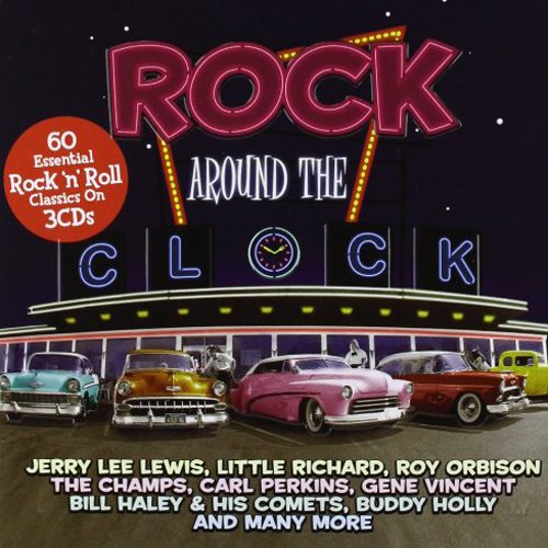 "CD cover with 'Rock Around the Clock' title, vintage diner, and classic cars illustration."