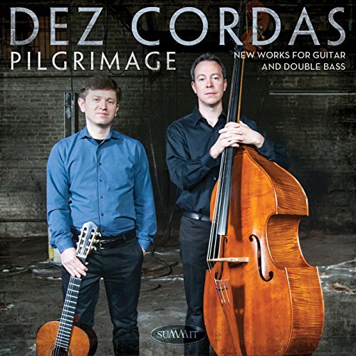 "Album cover with two musicians, one holding a guitar, the other a double bass."