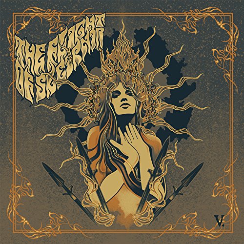 Album cover art featuring a woman surrounded by swords and flames in a square frame.