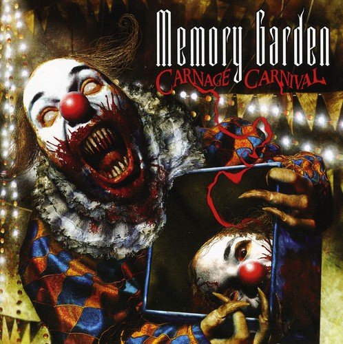 "Creepy clown with bloody face holding a mirror with a reflection inside."