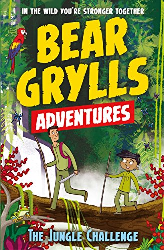 "Book cover featuring cartoon boys on a log in a jungle with parrots."