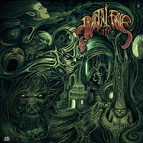 The image shows a dark, surreal album cover with intricate, green, and abstract designs.