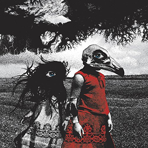 "Album cover featuring a woman and a bird-headed figure in a red dress."