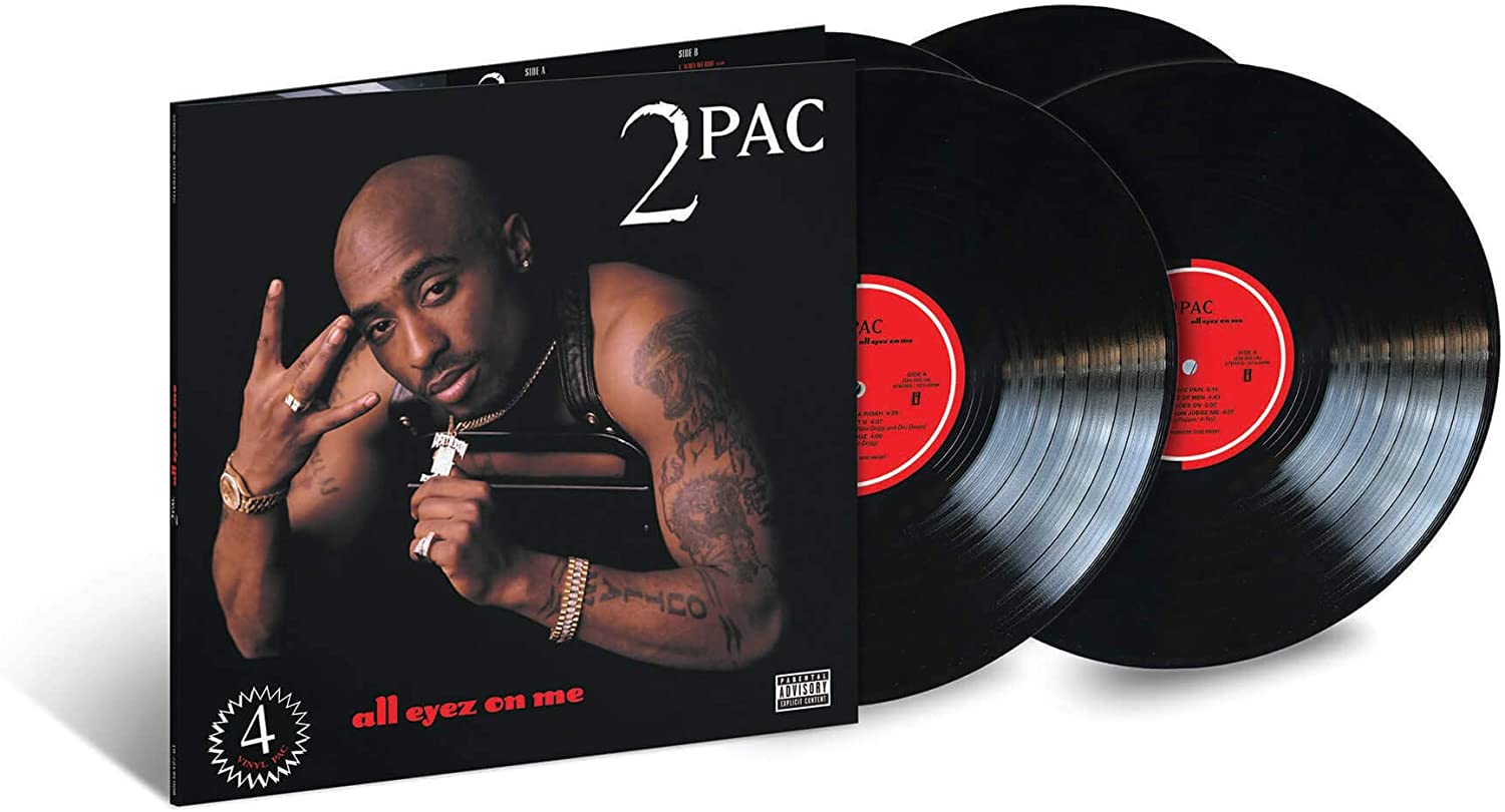 "2Pac's 'All Eyez On Me' vinyl box set with three black vinyl records."