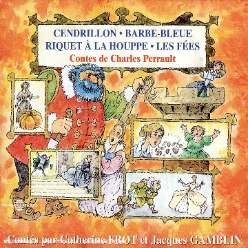 "Illustrated CD cover with fairy tale scenes and characters on an orange background."