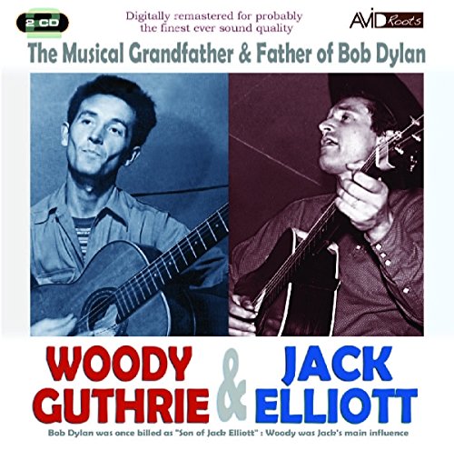 "CD cover featuring black and white images of Woody Guthrie and Jack Elliott playing guitars."