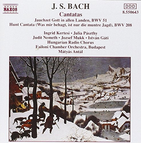 "Album cover with winter landscape painting and red text listing J.S. Bach cantatas."