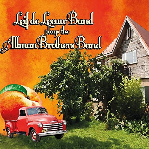 Album cover with red truck, peaches, and house on orange background.