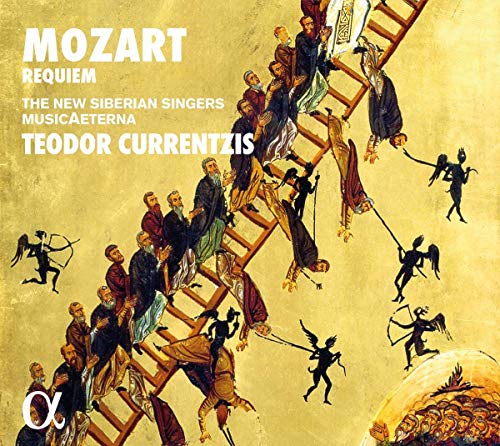 Mozart Requiem CD cover featuring medieval-style artwork with figures on a ladder, yellow background.