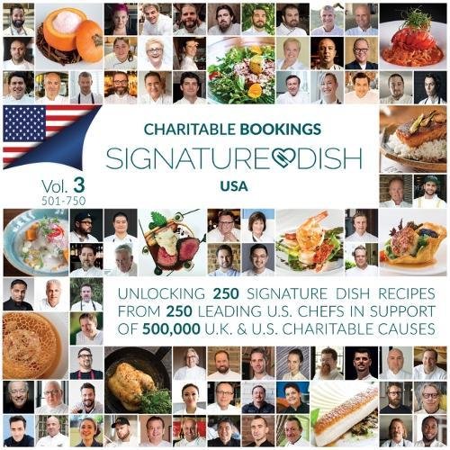 "Book cover with chefs' photos, dishes, and USA flag, titled 'Charitable Bookings Signature Dish USA'."
