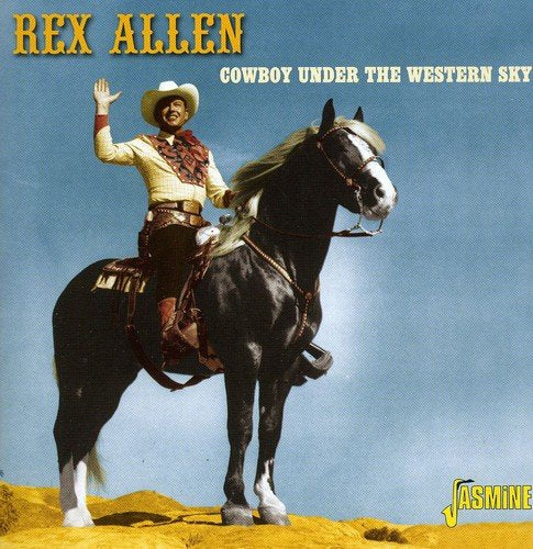 "CD cover with man on horse waving, blue sky and desert landscape."