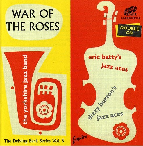 "Red and yellow CD cover with violin and trumpet illustrations, titled 'War of the Roses'."
