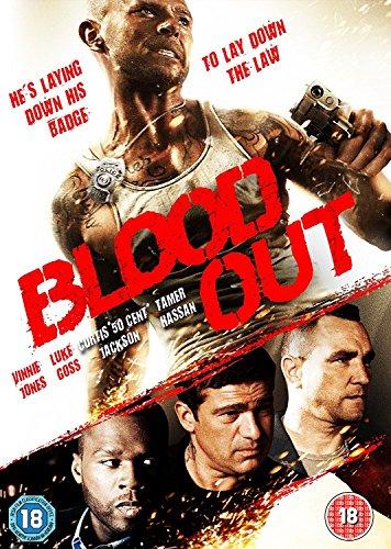 "Blood Out" Blu-ray cover featuring a man with a gun and three men's faces.